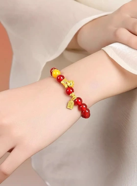 天然红玛瑙手串女款本命年马年手链红色绳招财转运珠手链新年礼物