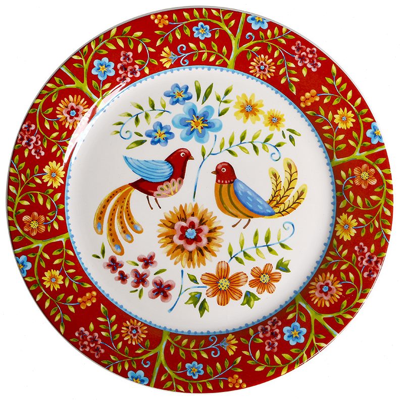 深风盘汤鸟花家用圆形平盘红色水果菜盘点心盘子创意陶瓷美式田园 - 图2