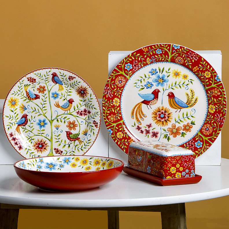 深风盘汤鸟花家用圆形平盘红色水果菜盘点心盘子创意陶瓷美式田园 - 图1