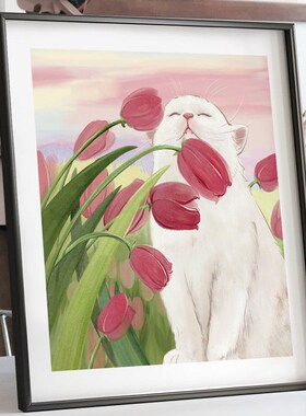 新家温馨装饰郁金香猫咪北欧ins风卧室装饰画床头壁画摆画治愈系