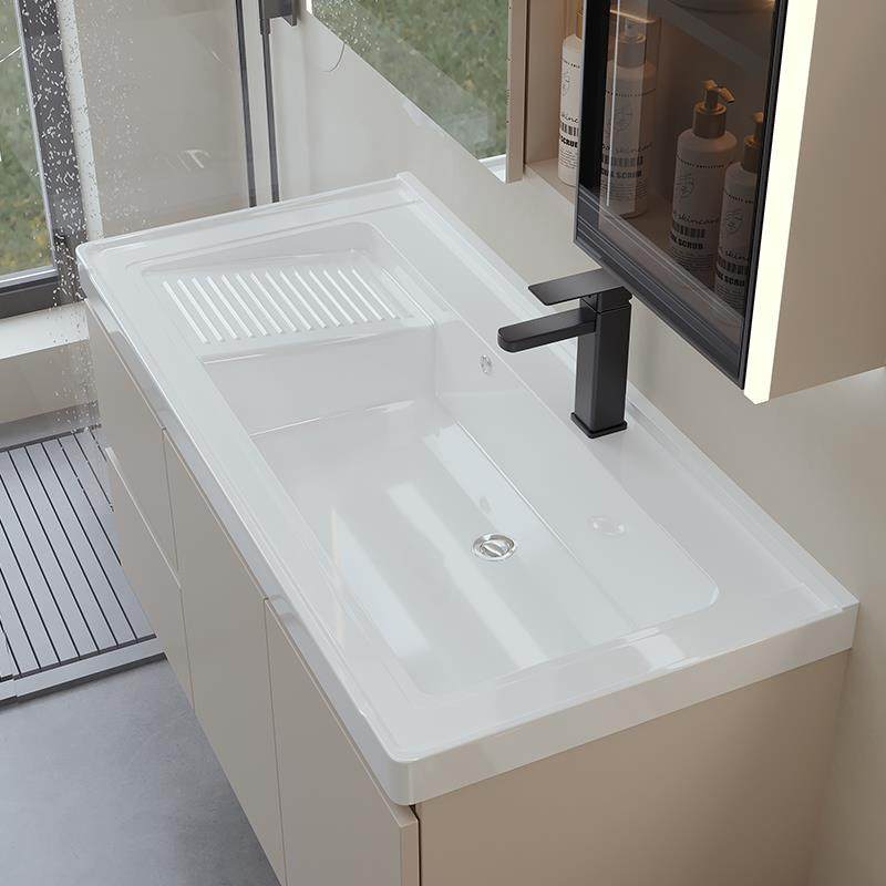 奶油风陶瓷一体盆浴室柜卫生间洗漱台洗手洗脸洗衣盆化妆镜柜组合,淘宝优惠券,粉丝福利购,淘宝优惠卷