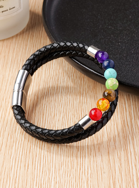 亚马逊热销七彩石头黑皮绳手链