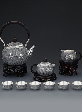 新银器 银壶 银制品 纯银999 银茶具 银茶壶 银茶杯 花开富贵