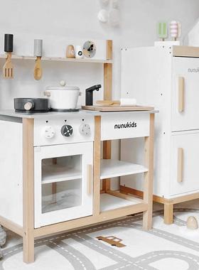 北欧风仿真木制烹饪做饭套装木质过家家儿童冰箱厨房玩具煮饭