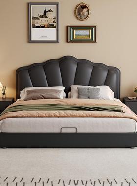 黑色复古真皮床轻奢软包床法式极简花瓣皮艺床主卧双人大床储物床