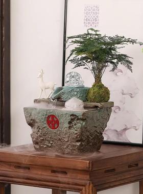 时来运转流水摆件循环水客厅玄关办公室招财陶瓷假山喷泉复古装饰