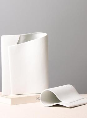 现代简约创意扁瓶样板房桌面插花装饰品书形陶瓷花瓶摆件磨砂白色