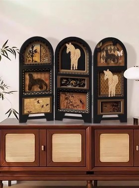 中古风桌面屏风摆件复古客厅电视柜装饰画入户玄关边柜法式小摆件