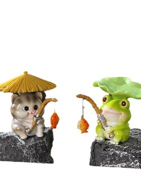 鱼缸造景小摆件创意熊猫钓鱼缸水族箱装饰品盆栽假山流水器摆件