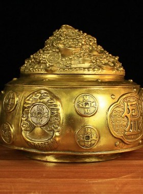 纯铜聚宝盆摆件五路财神店铺客厅带盖存钱罐礼品桌面办公室摆设