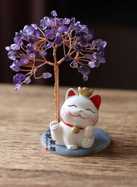 天然水晶粉晶黄水晶发财树招财猫摆件家居开业桌面摆饰可爱小礼物