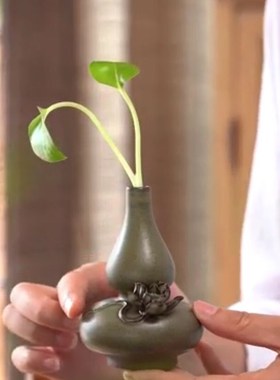 复古茶墨绿日式小葫芦花插陶瓷家居个性茶道摆件书房客厅电视柜