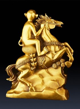 马上封侯摆件 纯铜立马发财马上有钱办公室装饰礼品 骑马猴子铜马