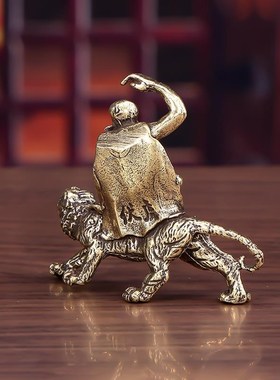 纯实心铜雕伏虎罗汉小摆件仿古铜艺微雕罗汉铜佛像古玩小铜器铜把