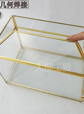 G625工厂直销金色全铜几何透明玻璃翻盖婚礼卡片盒收纳盒