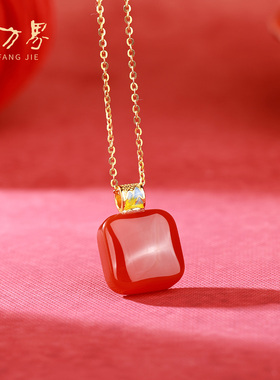 红玛瑙小方糖吊坠红色宝石项链