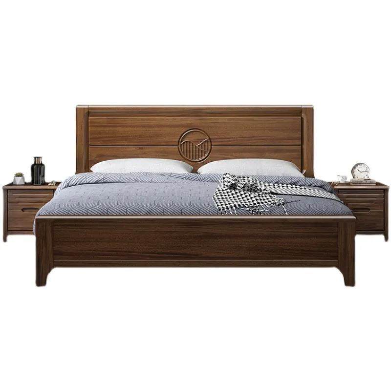 新中式胡桃木实木床1.8米双人床2米大床1.5m单人床高箱储物主卧床 - 图3