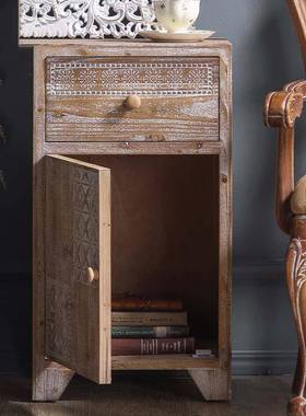 美式乡村实木雕刻简易储物柜民宿客厅复古装饰边柜家用单门斗柜