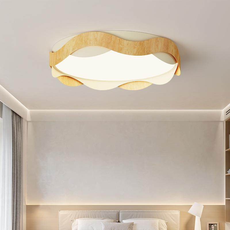 全光谱护眼奶油风吸顶复古卧室房间胡桃木色温馨儿童房波浪圆形灯 - 图0