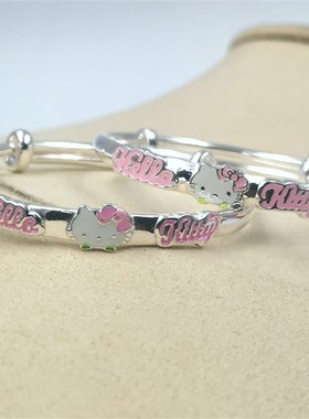 999宝宝纯银手镯女学生小猫咪粉色公主银手环实心婴儿童满月礼物