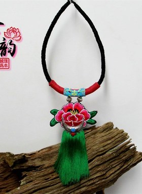 民族风时尚百搭绣花流苏项链长款配饰毛衣链吊坠挂件项链女款项链