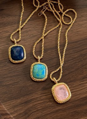 复古天然石方形绿松石粉水晶长款吊坠小众设计独特气质项链女饰品