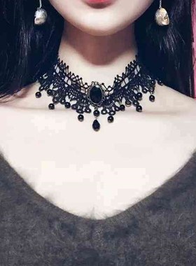 礼服配饰脖子饰品女黑色蕾丝项圈颈带脖链短款锁骨链流苏暗黑夸张