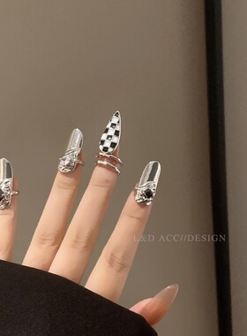 棋盘格指甲戒指高级感轻奢气质夸张个性时尚2022年新款潮手饰品女