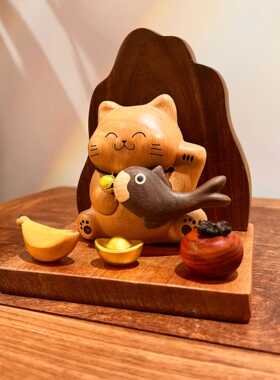 靠山猫神实木质创意玄关桌面摆件乔迁开业收银前台高档聚财礼品
