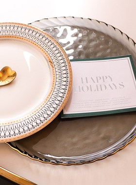 日式简约金边玻璃西餐盘水晶锤目纹玻璃盘子家用餐厅意面牛排盘