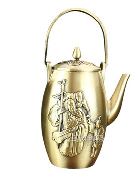 纯黄铜老头壶茶壶办公室茶具工艺品纯铜摆件招财寿星老手提壶铜器