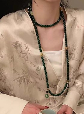 网红欧阳新中式绿色串珠长项链女国风流苏斜挎马面裙配饰民族风潮