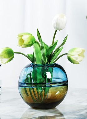 彩色玻璃花瓶摆件现代简约客厅样板房餐桌花瓶插花可蓄水装饰摆设