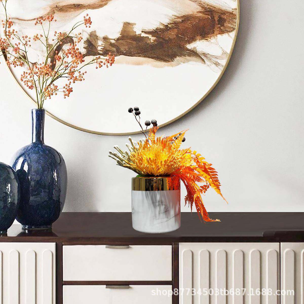 新中式现代橙色仿真花艺售楼部洽谈桌吧台床头柜茶几小花艺摆件,淘宝优惠券,粉丝福利购,淘宝优惠卷