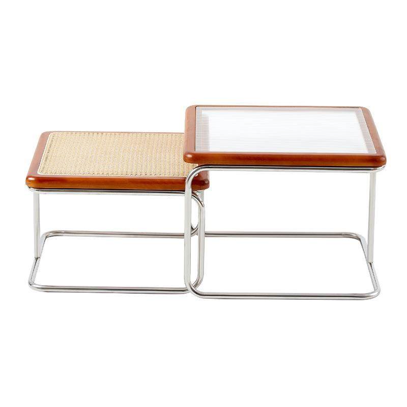 家用小户型玻璃边几客厅不锈钢子母方桌组合复古网红藤编中古茶几,淘宝优惠券,粉丝福利购,淘宝优惠卷