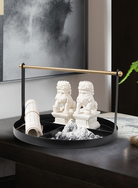 新中式套装组合圆形托盘摆件书房样板间茶室桌装饰品