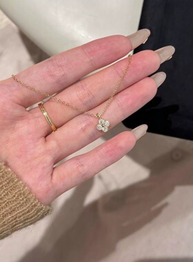 S925纯银镀14K金四叶草花朵项链女 轻奢泡泡高级感镶钻简约锁骨链