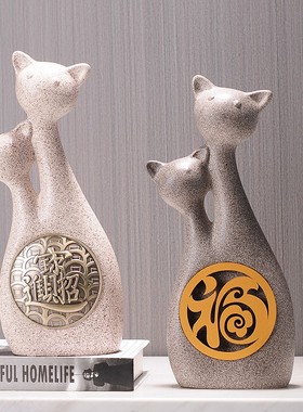 福气亲子猫咪摆件电视柜隔断玄关家居装饰品开业桌面礼品