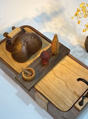 实木河马盒澡办纳泡钥匙文具盒整理书桌面雪茄盒收公室收纳摆件