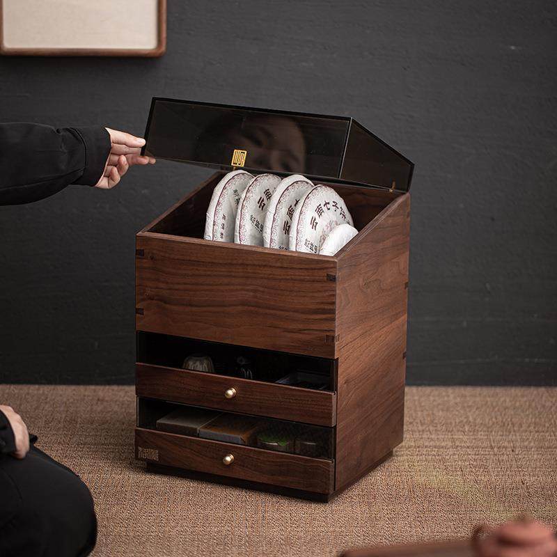 胡桃木中式多层收纳柜桌面储物抽屉式台面防尘柜置物架茶饼收纳盒,淘宝优惠券,粉丝福利购,淘宝优惠卷