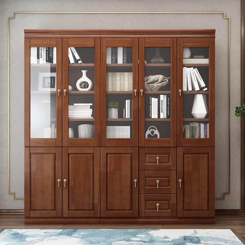 爆款新中式书柜落地带门置物架展示柜全实木玻璃橱窗组合书房家具,淘宝优惠券,粉丝福利购,淘宝优惠卷