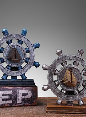复古海洋帆船船舵船锚罗盘陈列道具餐厅酒吧装饰摆件