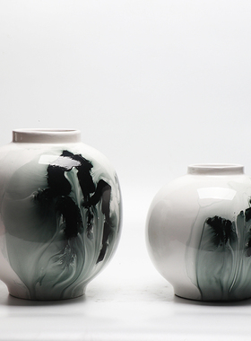 现新中式创意手绘水墨陶瓷花器摆件家居玄关样板房间装饰品