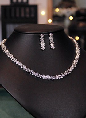 新娘结婚锁骨链耳环套装闪耀锆石二件套简约主婚纱礼服首饰水钻女