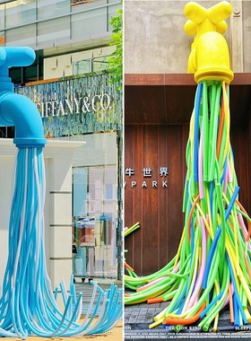 网红仿真水龙头鲜花瀑布摆件户外商场店铺门头引流打卡背景墙装饰
