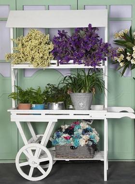 田园乡村复古做旧实木花架手推车花房花车摆件商业店铺橱窗