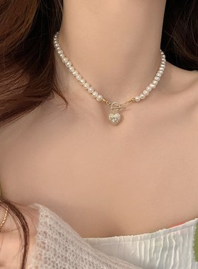 淡水珍珠微镶锆石爱心项链女韩版气质网红OT扣设计感颈链锁骨链