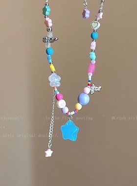 法式手工滴油爱心彩色串珠项链小众轻奢甜美颈链锁骨链多巴胺配饰