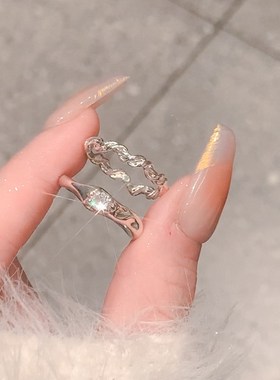 银色素圈戒指女小众设计开口食指戒指女时尚个性法式锆石尾戒指环