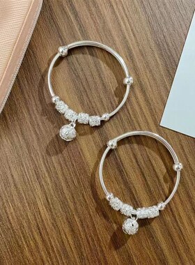 银手镯婴儿999纯银实心儿童镯子一对兔龙年男女小孩满月周岁礼物